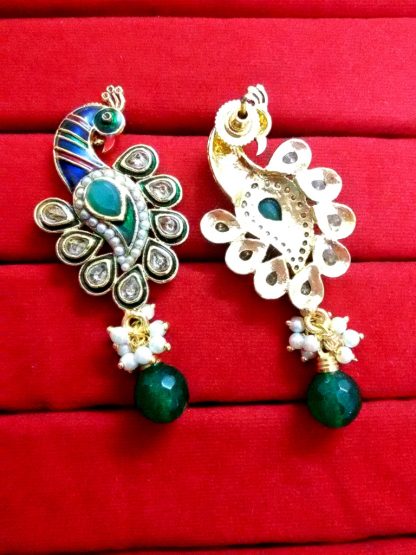 Daphne Kundan Mena Peacock Pearl Earrings, Bollywood Style - Green Drop - Back View