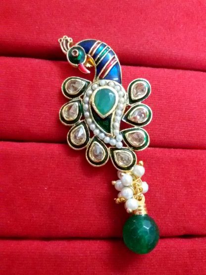 Daphne Kundan Mena Peacock Pearl Earrings, Bollywood Style - Green Drop - Single View