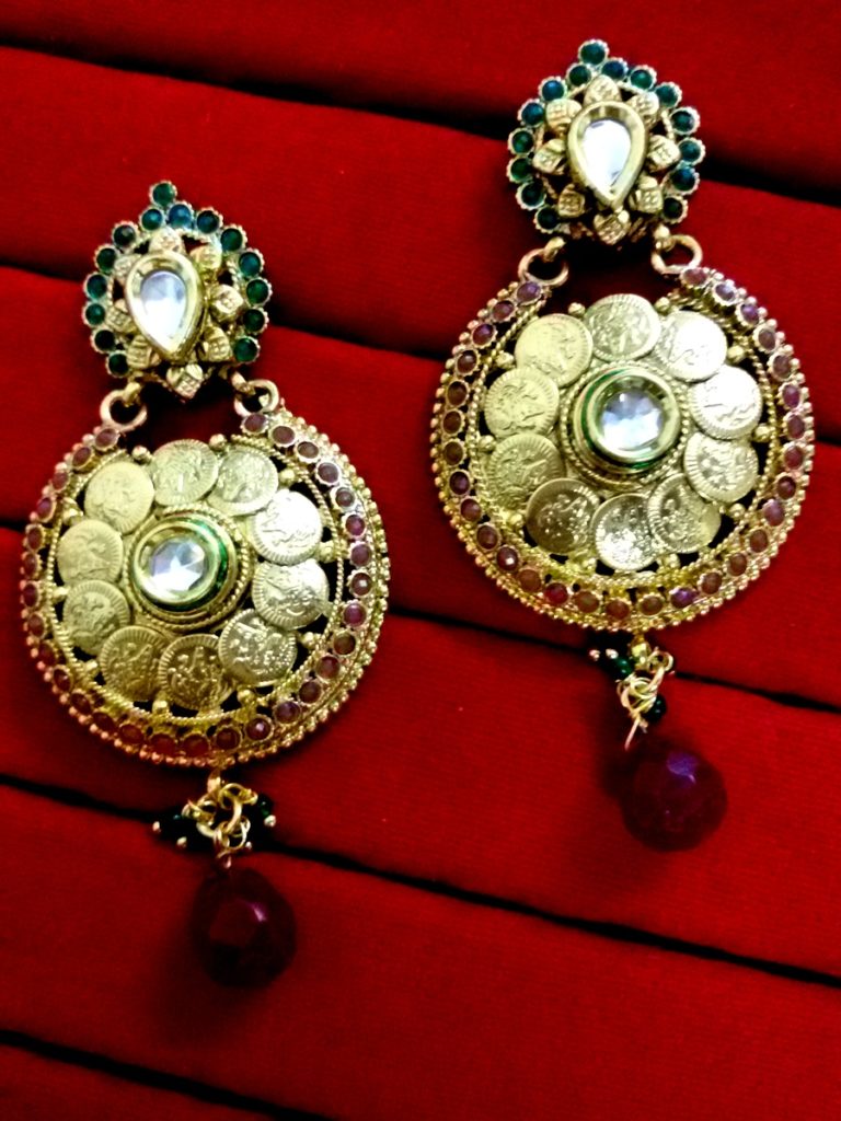 Daphne Ruby and Emerald Stone Polki Earrings, Bollywood Style Unique