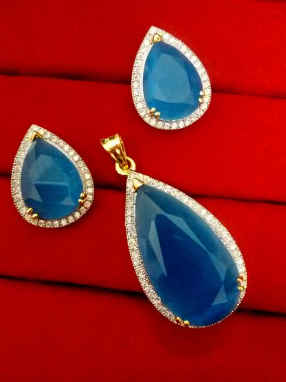 Daphne Sky Blue Studded Zircon Pendant and Earrings for Anniversary Gift