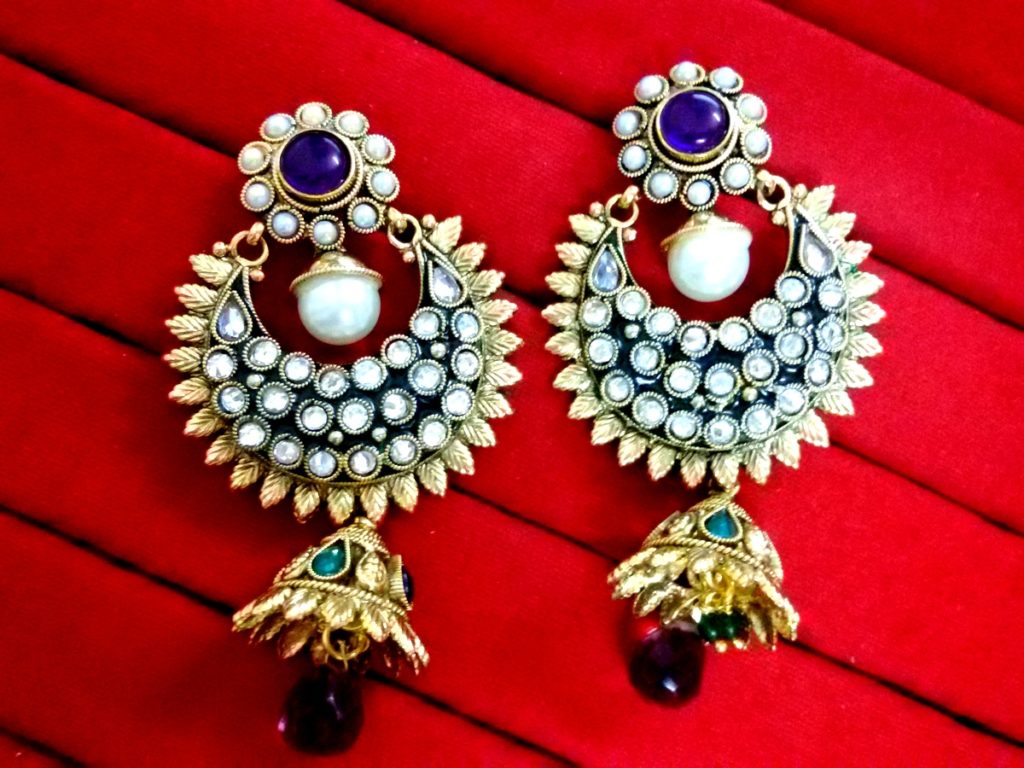 New Bollywood Daphne Purple mix Blue Polki Jhumki Earrings