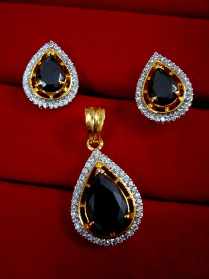 Daphne Black Stone Studded Zircon Pendant and Earrings for Anniversary Gift