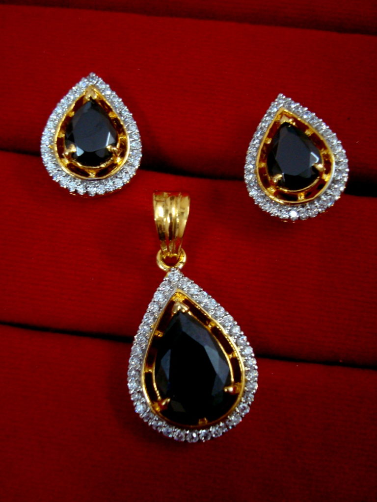 Daphne Black Stone Studded Zircon Pendant and Earrings for Anniversary Gift