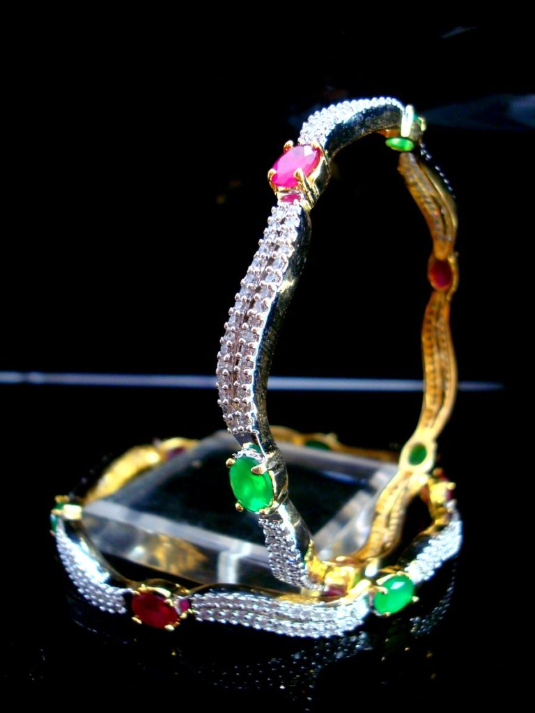 Daphne Curvy Zircon Studded Pink and Green Stone Bangle for women