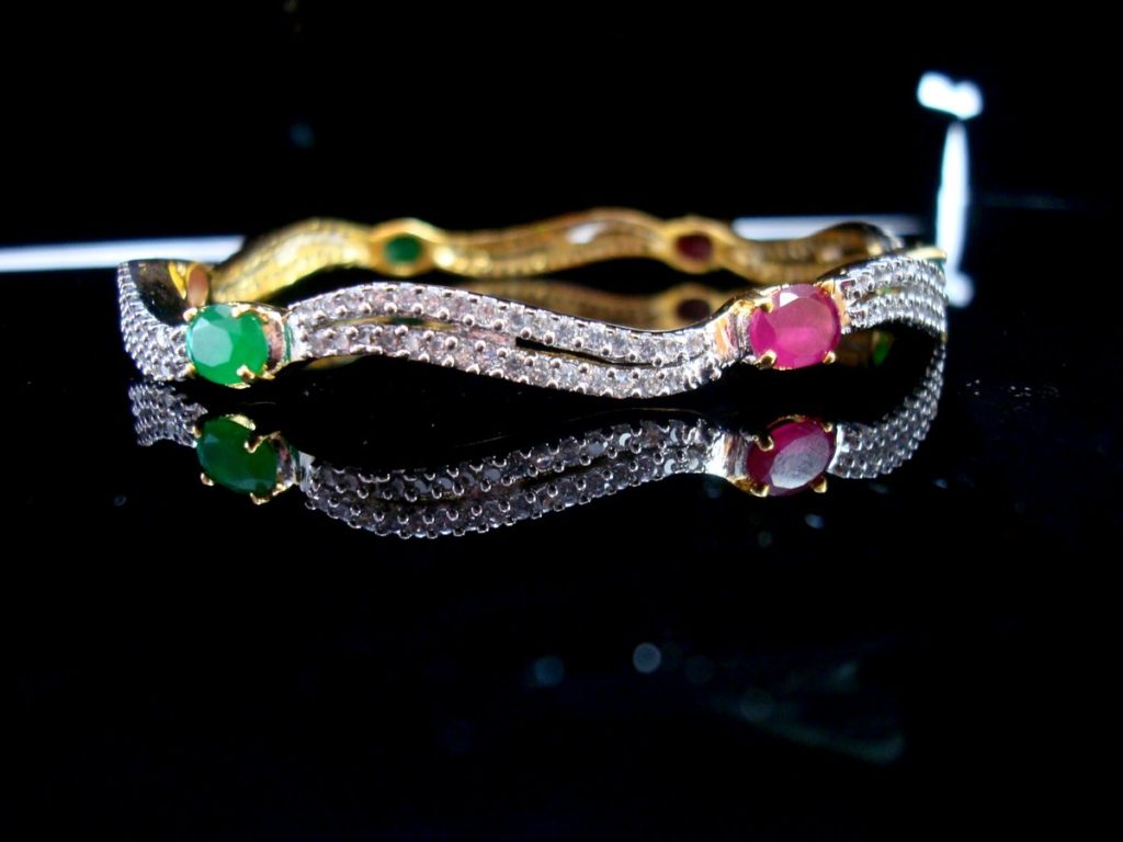 Daphne Curvy Zircon Studded Pink and Green Stone Bangle for women - Side view
