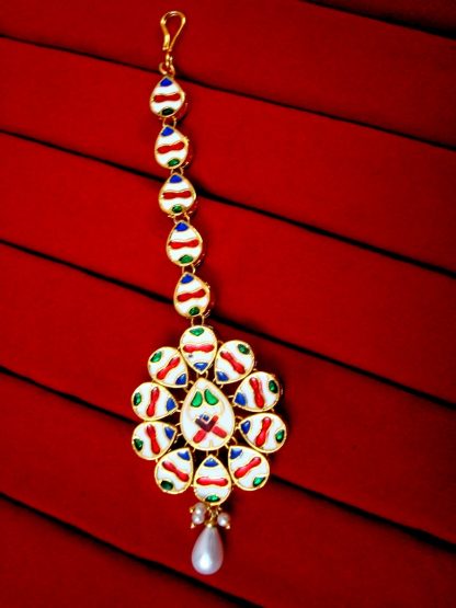 Daphne Traditional AD Kundan Carving Maang Tikka with Pearl - BACK VIEW - WEARABLE