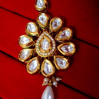 Daphne Traditional AD Kundan Carving Maang Tikka with Pearls - CLOSE UP VIEW