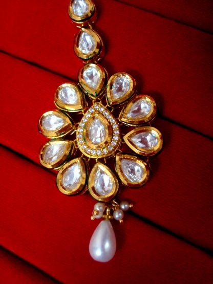 Daphne Traditional AD Kundan Carving Maang Tikka with Pearls - CLOSE UP VIEW