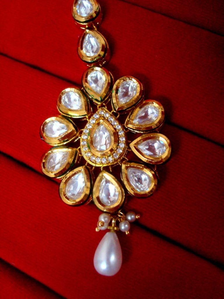 Daphne Traditional AD Kundan Carving Maang Tikka  with Pearls - CLOSE UP VIEW