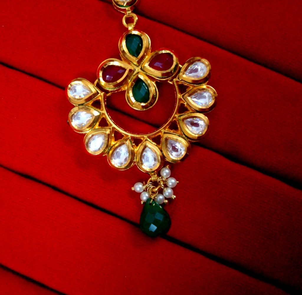 Daphne Traditional Green Kundan Carving Maang Tikka  -CLOSE UP