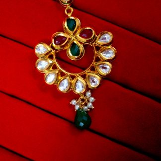 Daphne Traditional Green Kundan Carving Maang Tikka -CLOSE UP