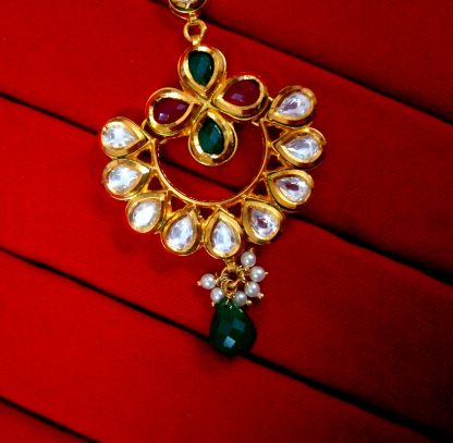 Daphne Traditional Green Kundan Carving Maang Tikka -CLOSE UP