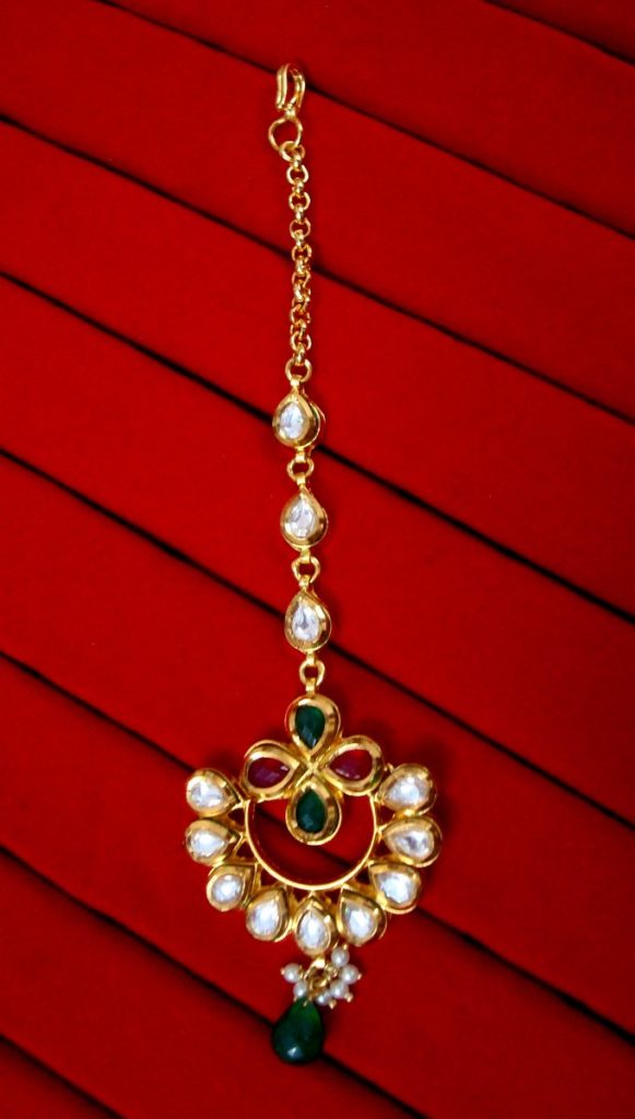 Daphne Traditional Green Kundan Carving Maang Tikka for Women - FRONT LOOK