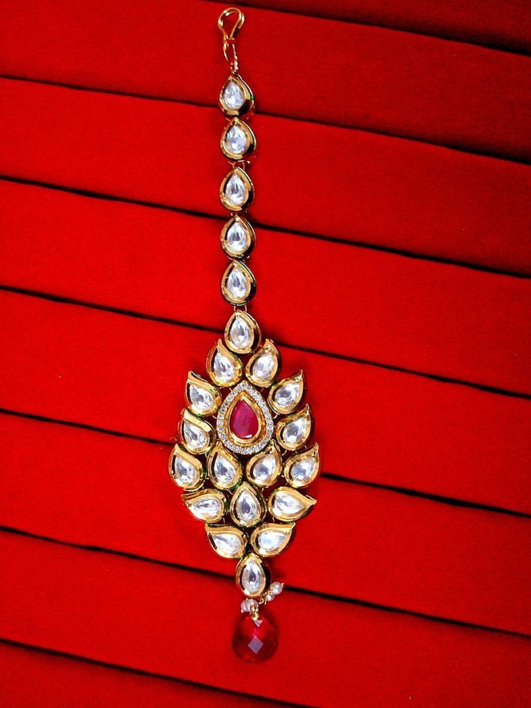 Daphne Traditional Kundan Carving Maang Tikka with Pink Hanging Stone