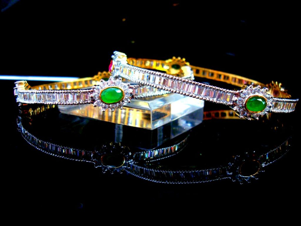 Daphne Zircon Studded Pink and Green Stone Bangle for women - Front Closeup