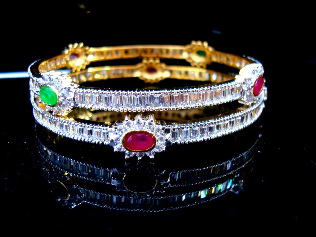 Daphne Zircon Studded Pink and Green Stone Bangle for women - Side View