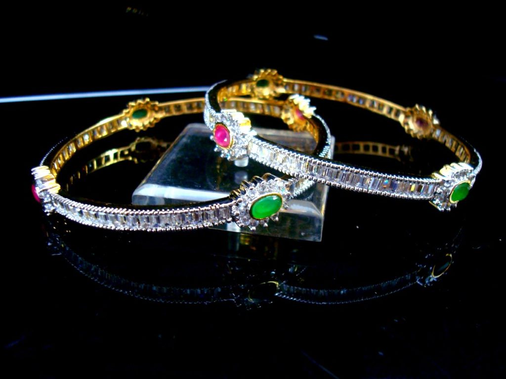 Daphne Zircon Studded Pink and Green Stone Bangle for women - View