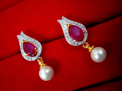 DAPHNE PINK STUDDED ZIRCON EARRINGS FOR WOMEN WITH PEARL DROP