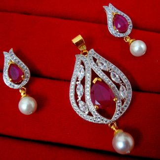 DAPHNE PINK STUDDED ZIRCON PENDANT EARRINGS FOR WOMEN WITH PEARL DROP - CLOSER LOOK