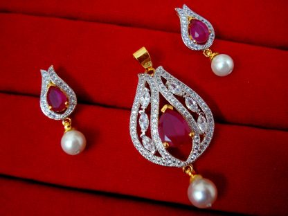 DAPHNE PINK STUDDED ZIRCON PENDANT EARRINGS FOR WOMEN WITH PEARL DROP - CLOSER LOOK