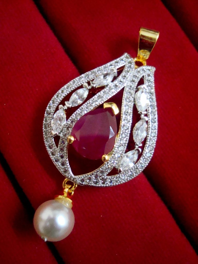 DAPHNE PINK STUDDED ZIRCON PENDANT FOR WOMEN WITH PEARL DROP
