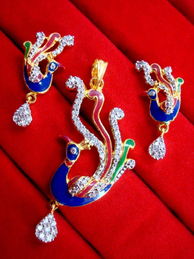 Daphne Gold Plated Peacock Meenakari Pendant Earrings for Gift