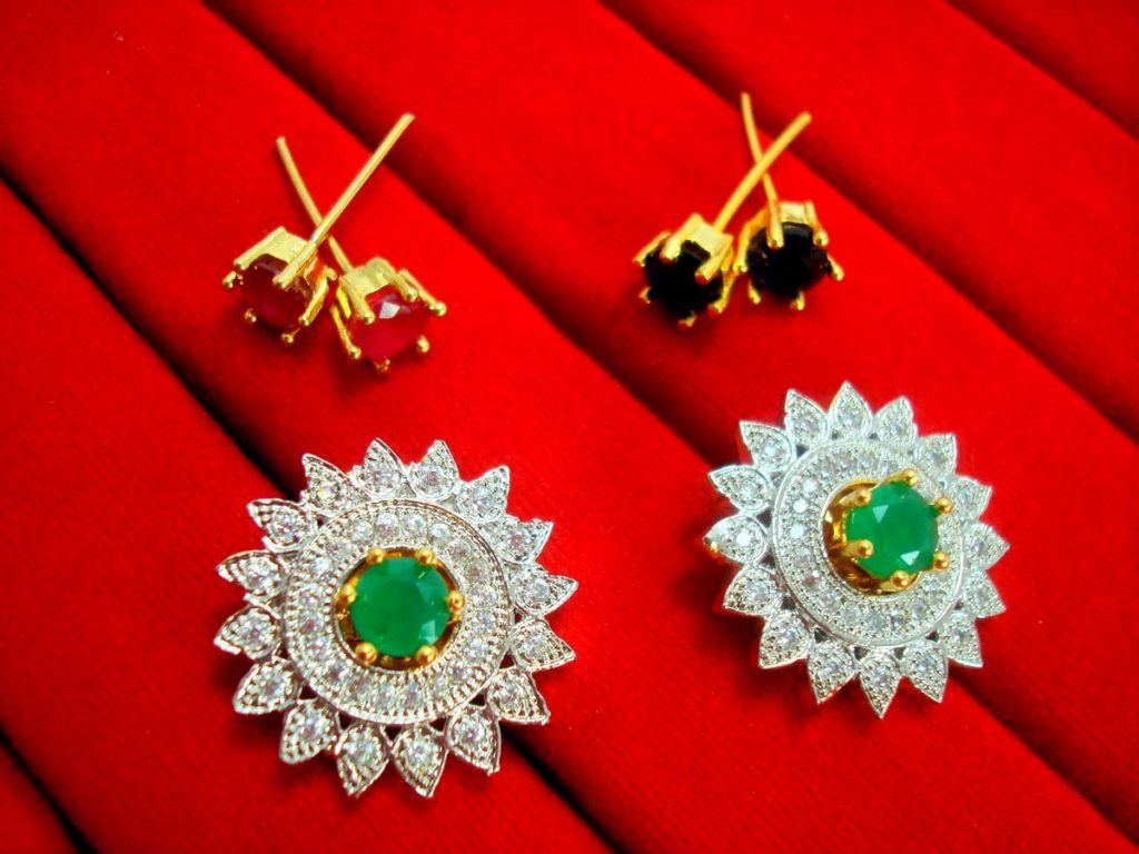 Designer 6in1 Studded Zircon Earrings for Women - Green