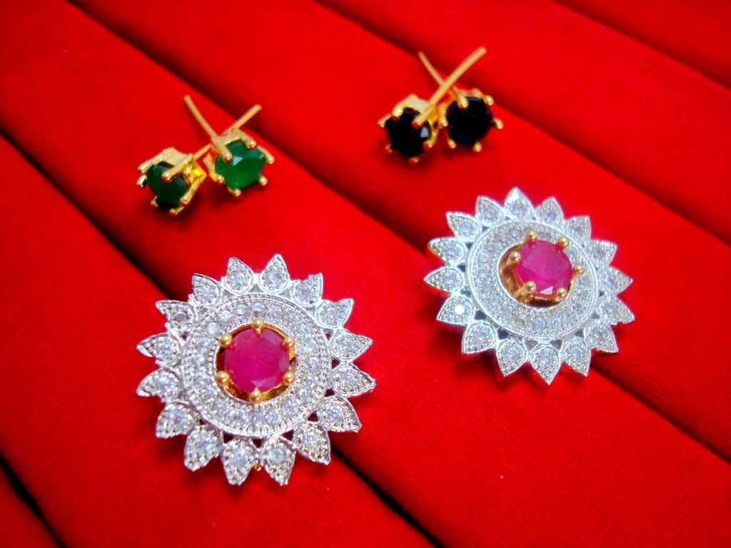 Designer 6in1 Studded Zircon Earrings for Women - Pink