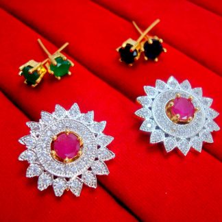 Designer 6in1 Studded Zircon Earrings for Women - Pink