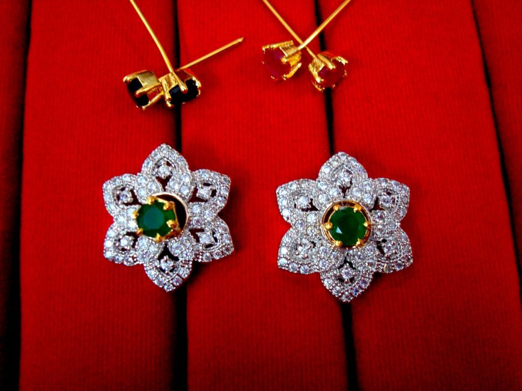 Six in One Changeable Zircon Earrings with Green Crystal