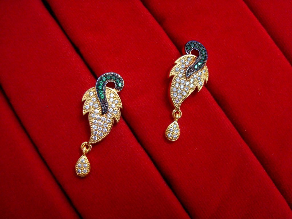 Daphne Designer Golden Green Leaf Zircon Earrings for Anniversary Gift