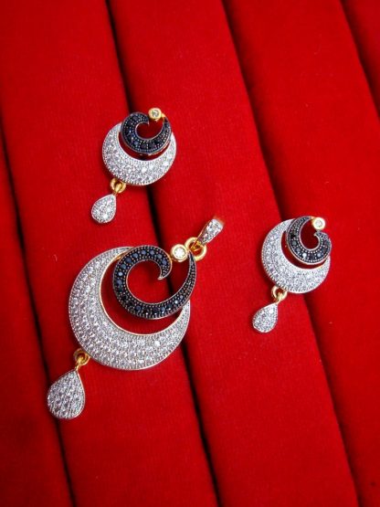 Daphne Designer Silver Black Zircon Studded Pendant Earrings for Anniversary Gift