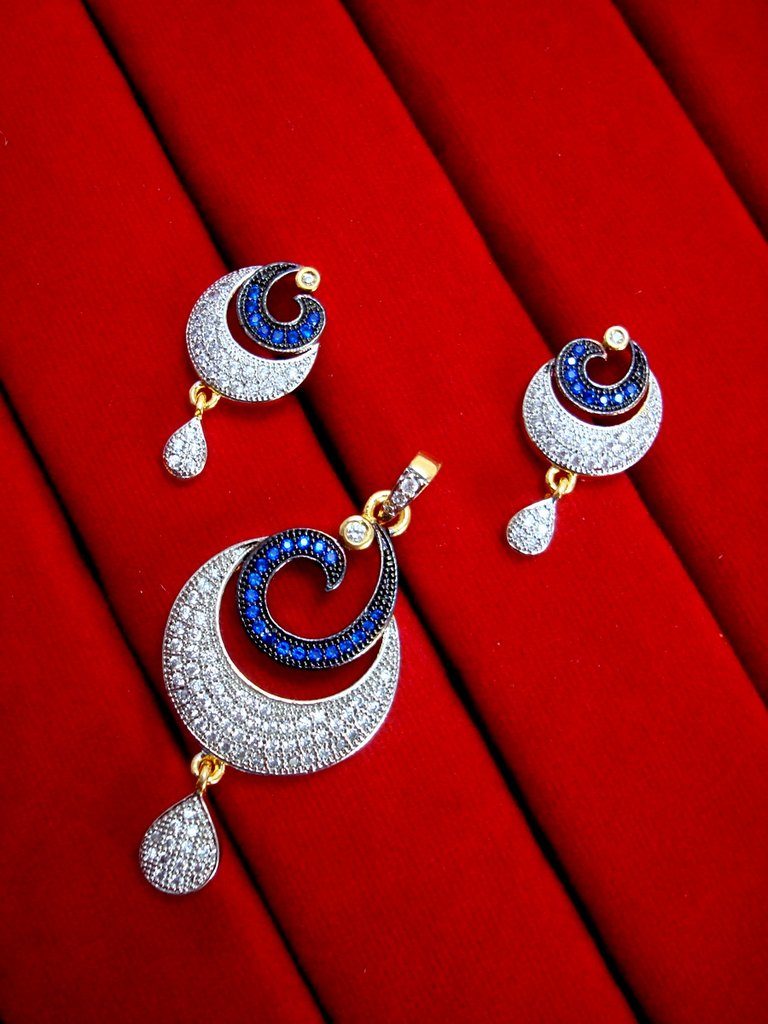 Daphne Designer Silver Blue Zircon Studded Pendant Earrings for Anniversary Gift