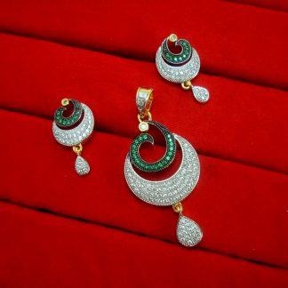 Daphne Designer Silver Green Zircon Studded Pendant Earrings for Anniversary Gift