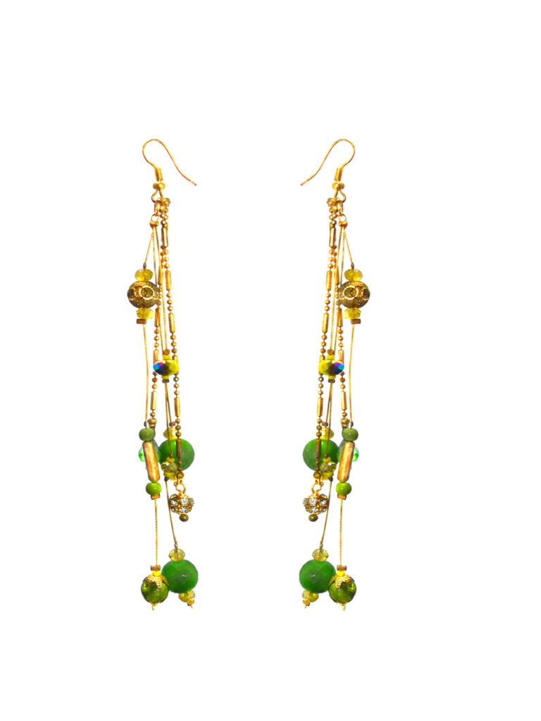 Daphne Green Beads Long Golden Hanging Earrings for Women, Free Shipping