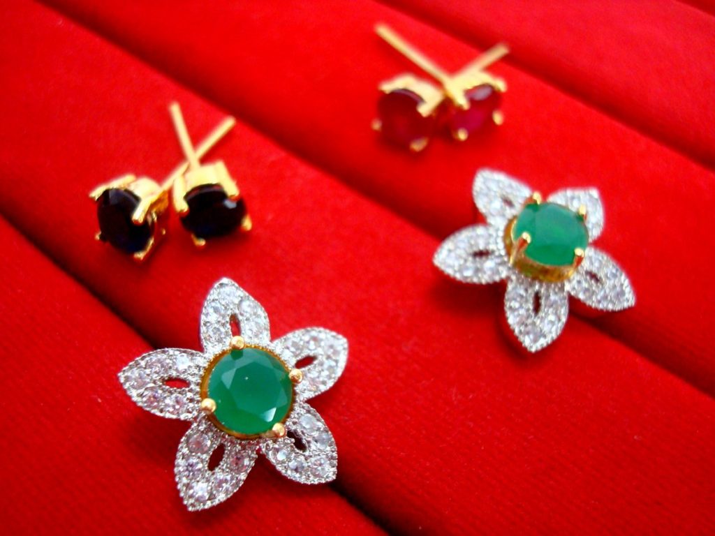 6 in 1 Cute Flower Changeable Studded Zircon Earrings - GREEN