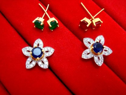 6 in 1 Cute Flower Changeable Studded Zircon Earrings for Women for Rakhi Gift - BLUE