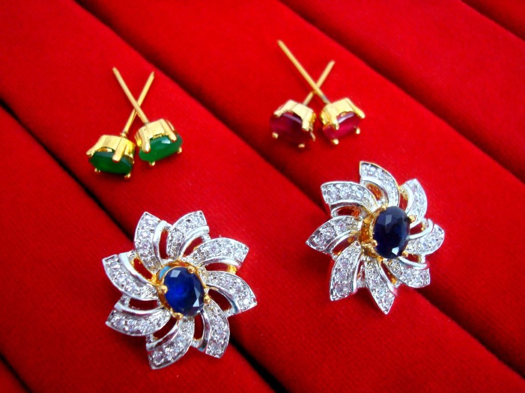 6 in 1 Studded Zircon Earrings for Women - Blue for Rakhi Gift