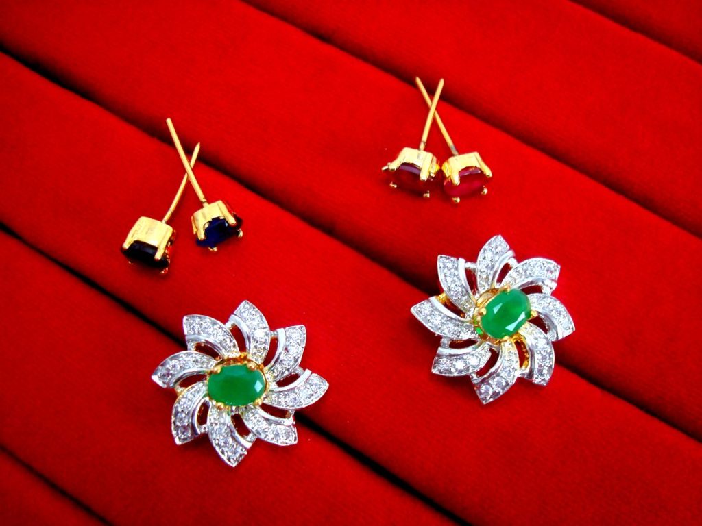 6 in 1 Studded Zircon Earrings for Women - Green for Rakhi Gift