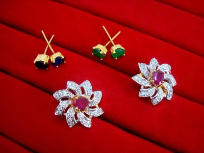 6 in 1 Studded Zircon Earrings for Women - Pink for Rakhi Gift