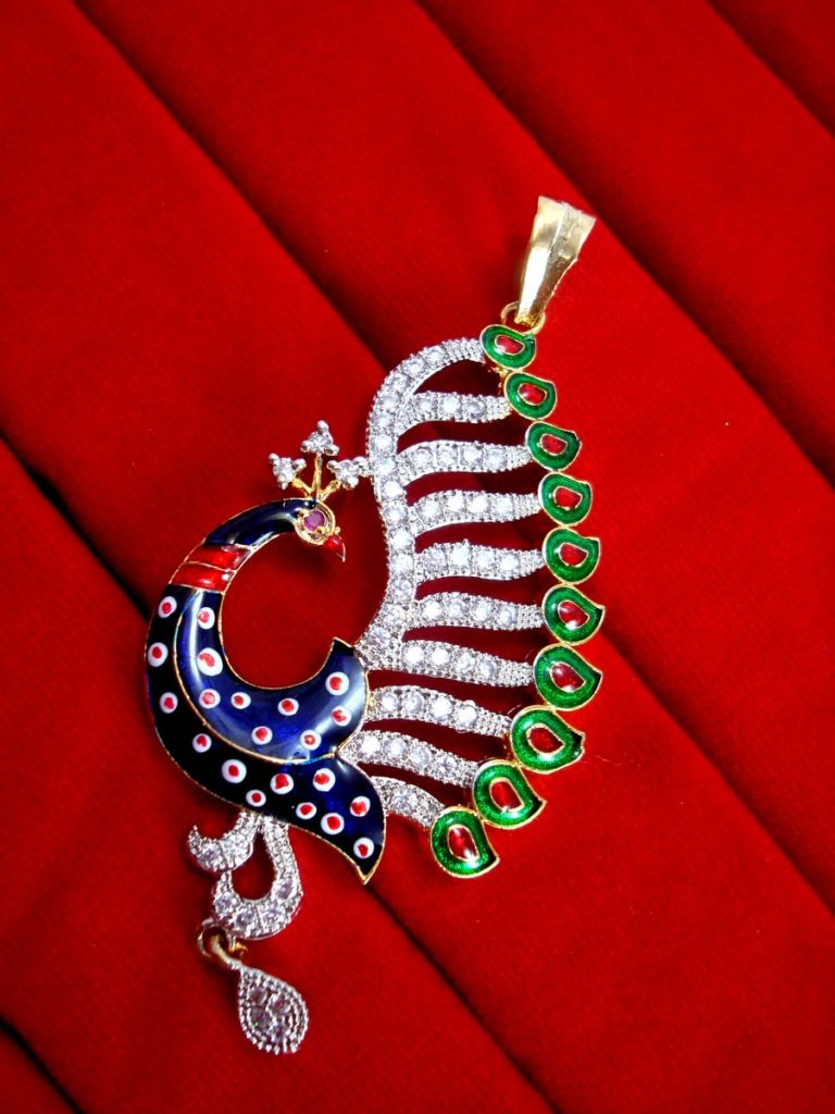 Daphne Designer Studded Peacock Zircon Meenakari Pendant