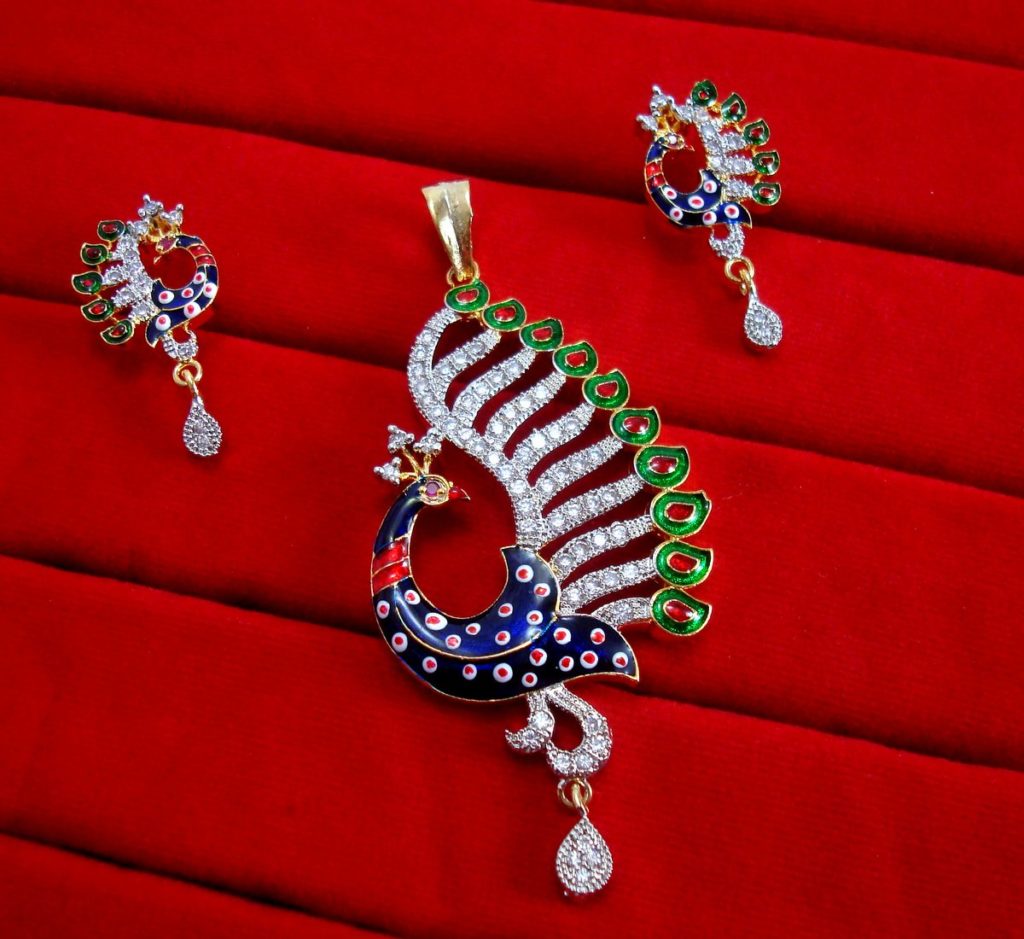 Daphne Designer Studded Peacock Zircon Meenakari Pendant and Earrings