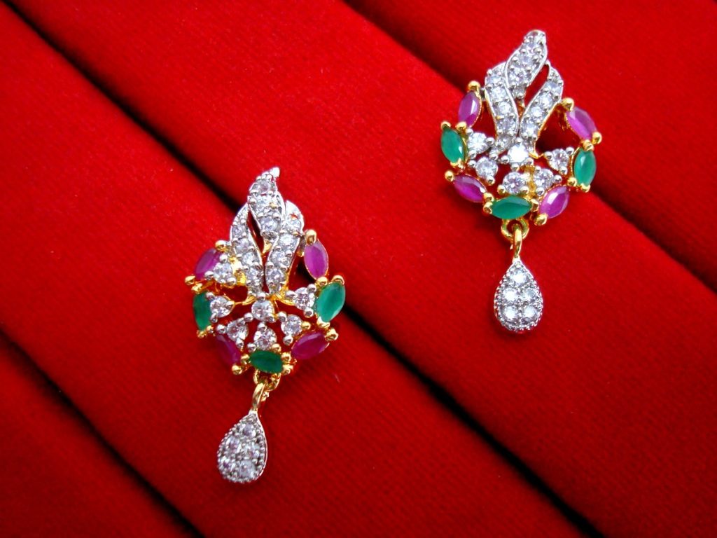 Daphne Party Wear Pink Green Zircon Studded Pendant Earrings for Anniversary Gift - Earrings