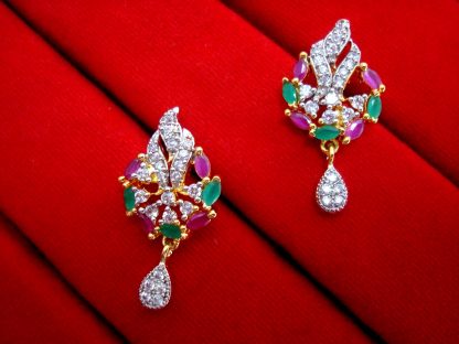 Daphne Party Wear Pink Green Zircon Studded Pendant Earrings for Anniversary Gift - Earrings