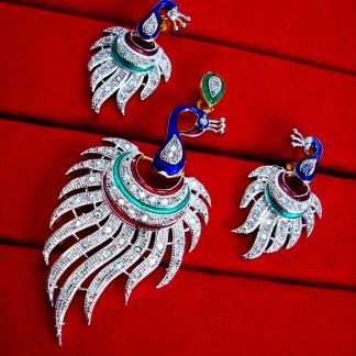 Daphne Peacock Zircon Meenakari Pendant and Earrings, Gift for Wife
