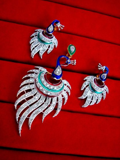 Daphne Peacock Zircon Meenakari Pendant and Earrings, Gift for Wife