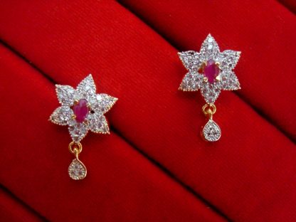 Daphne Pink Flower Zircon Studded Edge Pendant Earrings for Women - EARRINGS