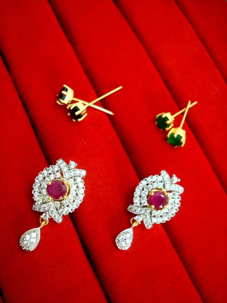 Daphne Six In One Changeable Zircon Earrings for Raksha Bandhan Return Gift - Pink