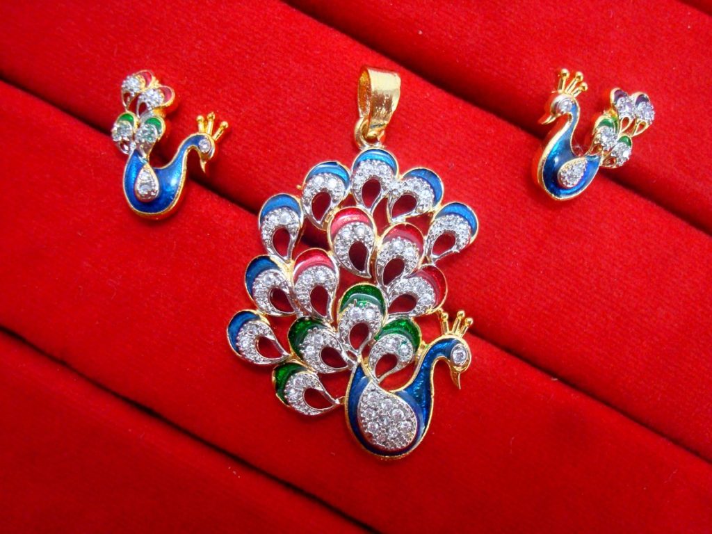 Daphne Zircon Studded Peacock Meenakari Pendant Earrings Set