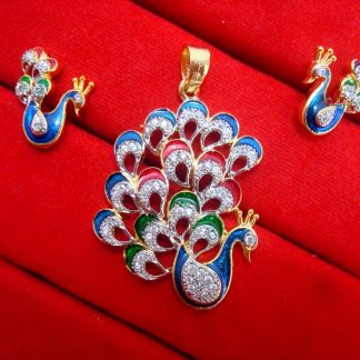 Daphne Zircon Studded Peacock Meenakari Pendant Earrings Set